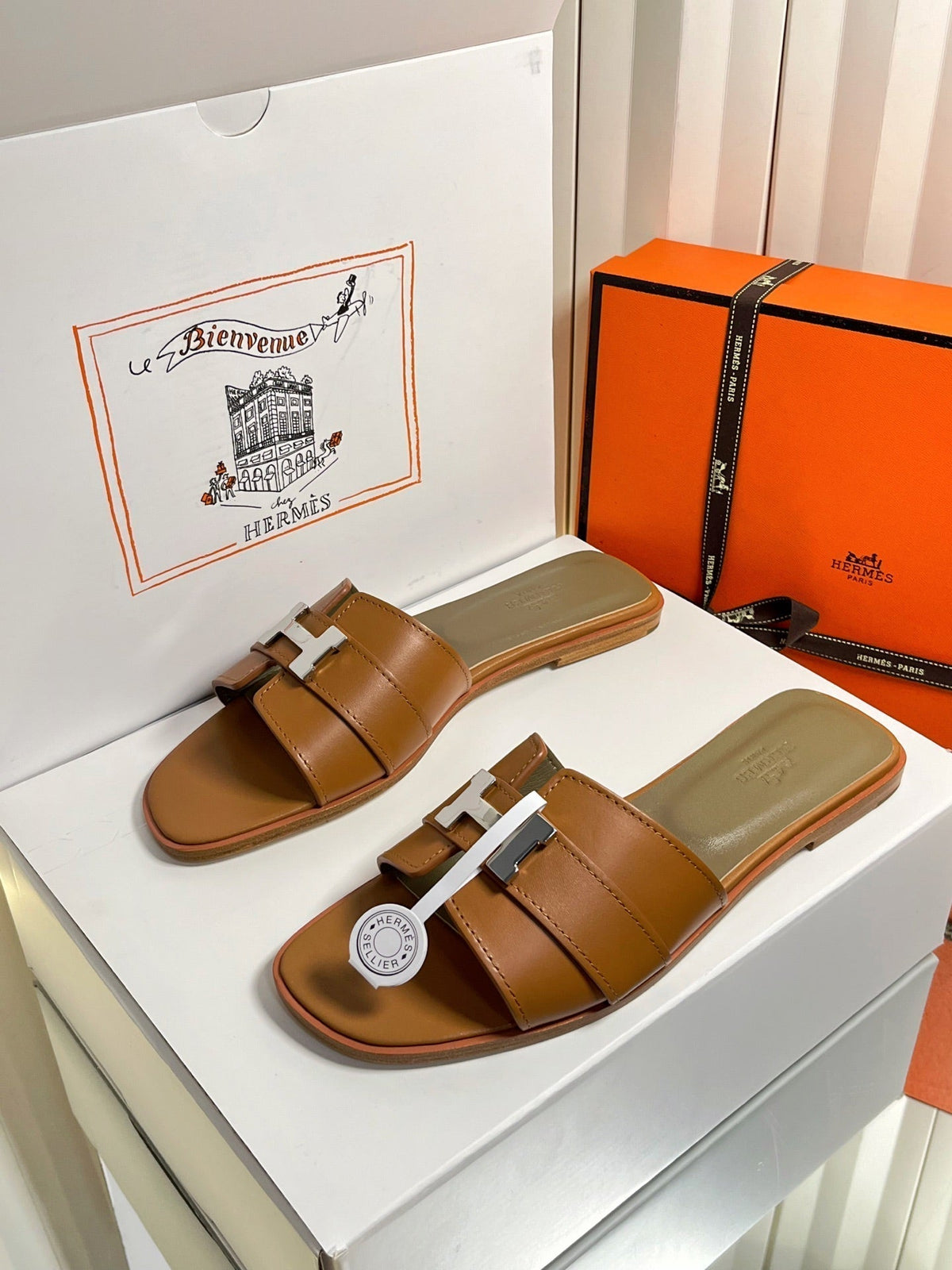 HM 26s Oran Sandals In Caramel Brown Calfskin Silver Hardware