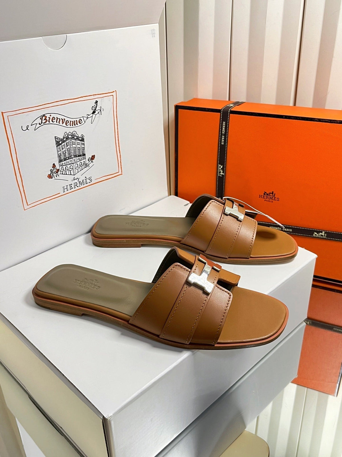 HM 26s Oran Sandals In Caramel Brown Calfskin Silver Hardware