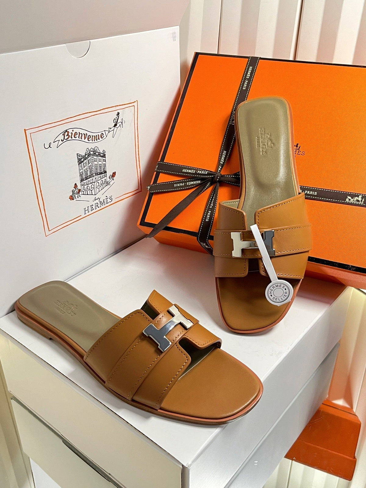 HM 26s Oran Sandals In Caramel Brown Calfskin Silver Hardware