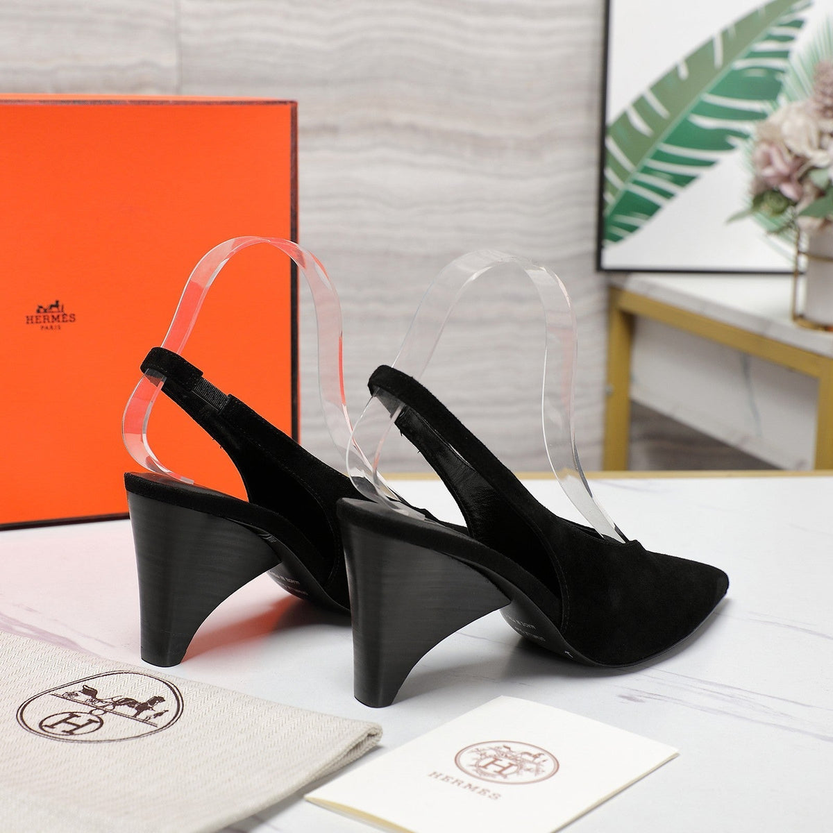 HM  Classic High-Heeled Slingback 70mm Black Suede Sheepskin 547643