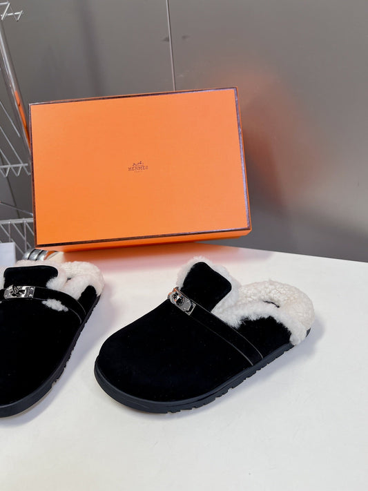 OZ Mule Black Suede White Shearling