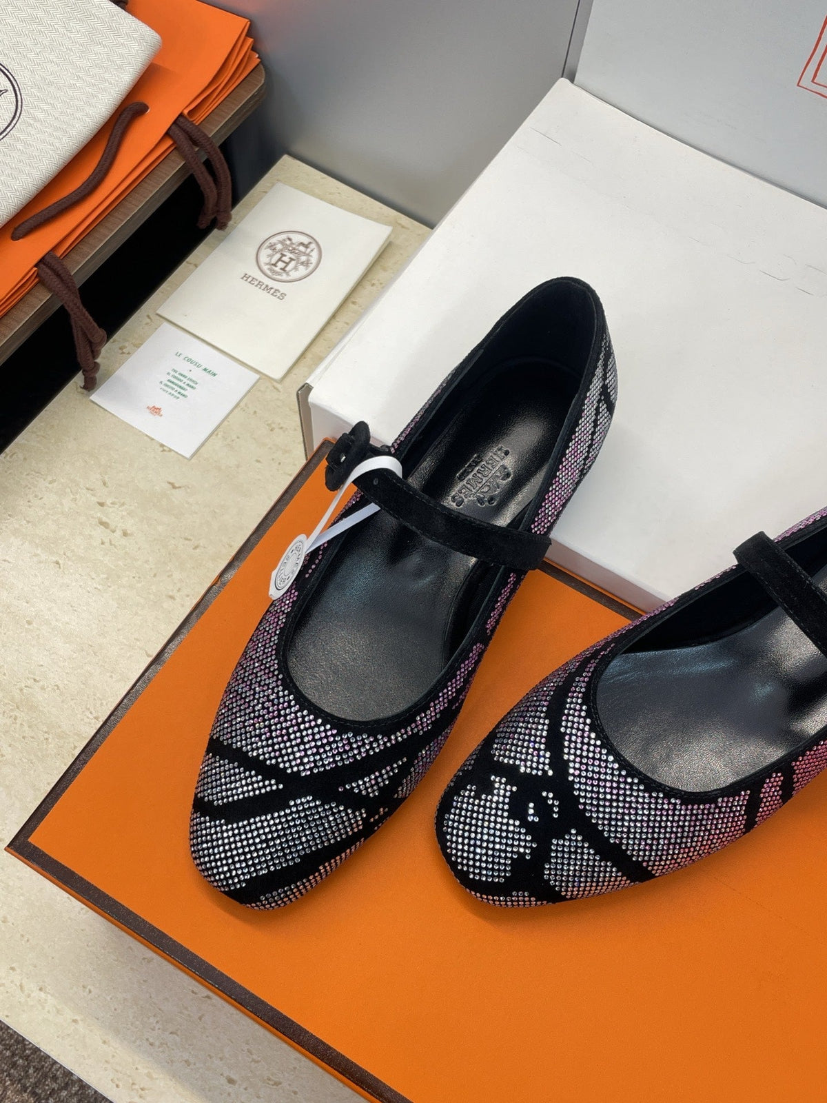 HM Light Ballet Flat with White Rhinestone Black Lambskin