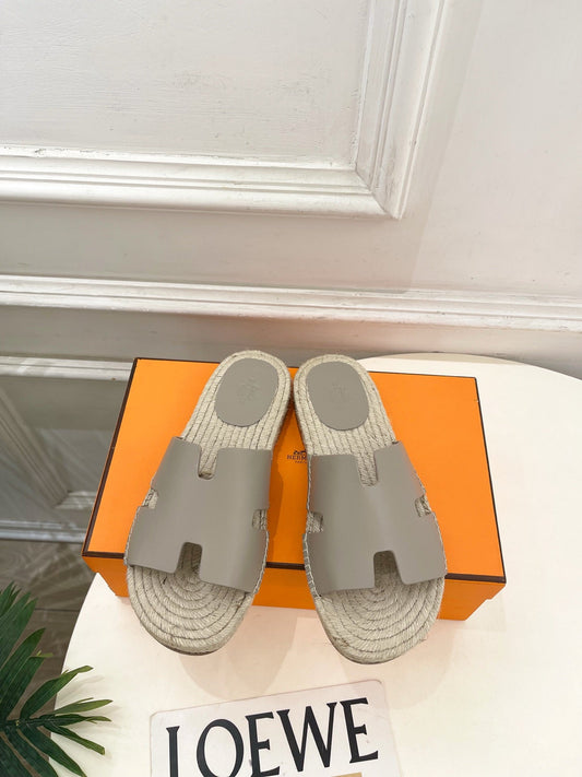 HM Antigua Espadrille Grey Leather Raffia 631945