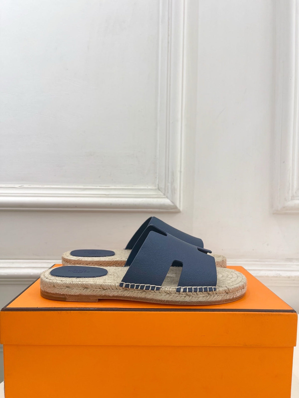 HM Antigua Espadrille Navy Blue Leather Raffia 631949