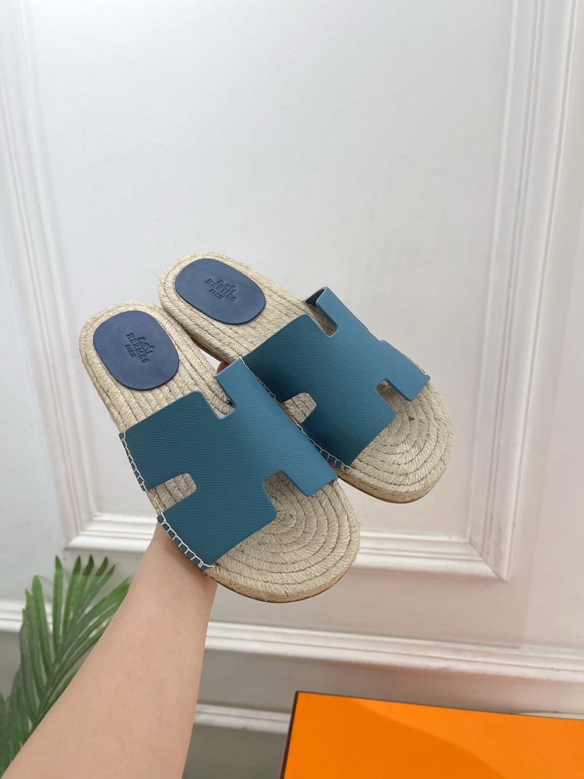 HM Antigua Espadrille Blue Leather Raffia 631950