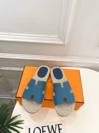 HM Antigua Espadrille Blue Leather Raffia 631950