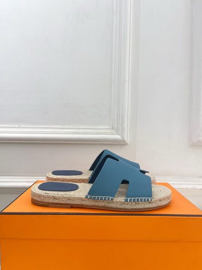HM Antigua Espadrille Blue Leather Raffia 631950