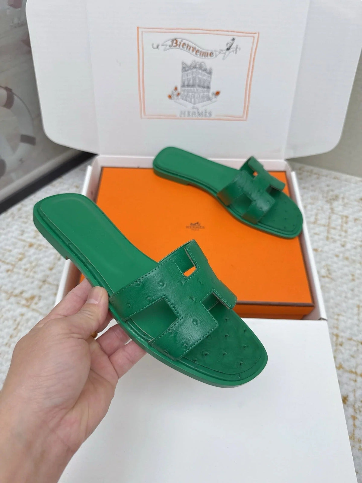 HM 26ss Oran Sandals Green Ostrich Leather 625102
