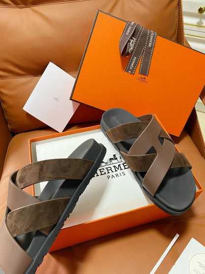 HM 2026 Cross Sandals Black Brown Suede Calfskin 667293