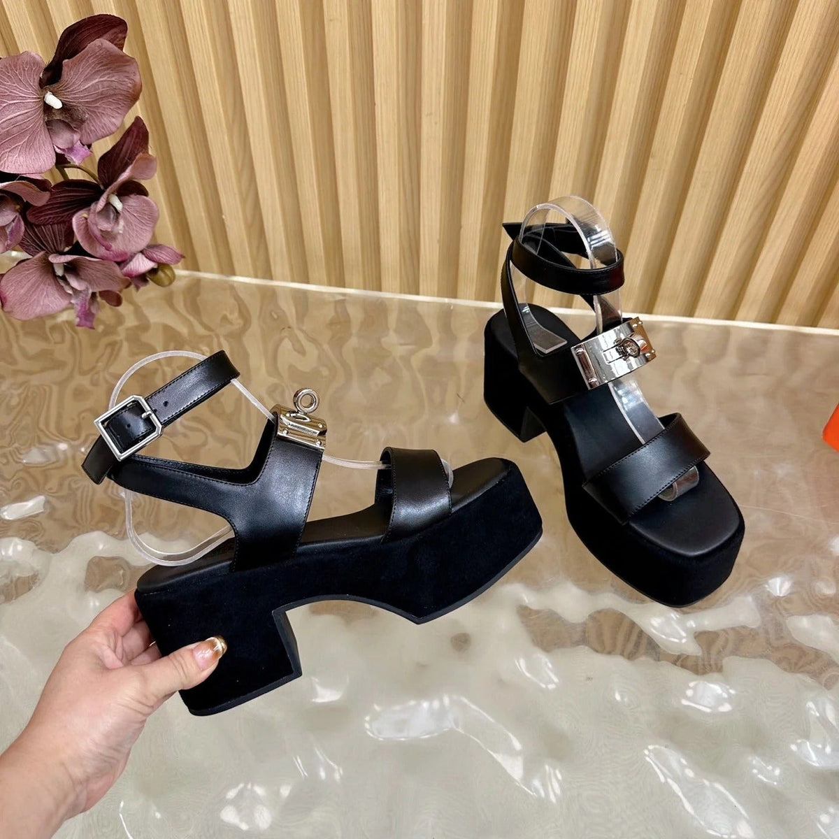 HM 25S CLASSIC WEDGE SANDALS 70 MM IN BLACK LAMBSKIN WITH SILVER HARDWARE