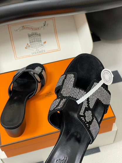 HM 25S ORAN HIGH‑HEEL SANDAL 50 MM IN BLACK LAMBSKIN WITH WHITE STONE DETAILS