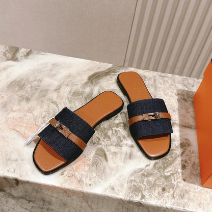 HM 2026 Flat Slippers Tan Brown Blue Denim Calfskin 655860