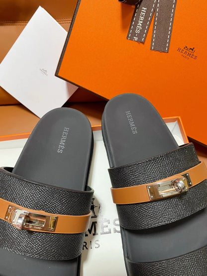 HM 2026 Velcro Sandals Black Cowhide Brown Belt 663785