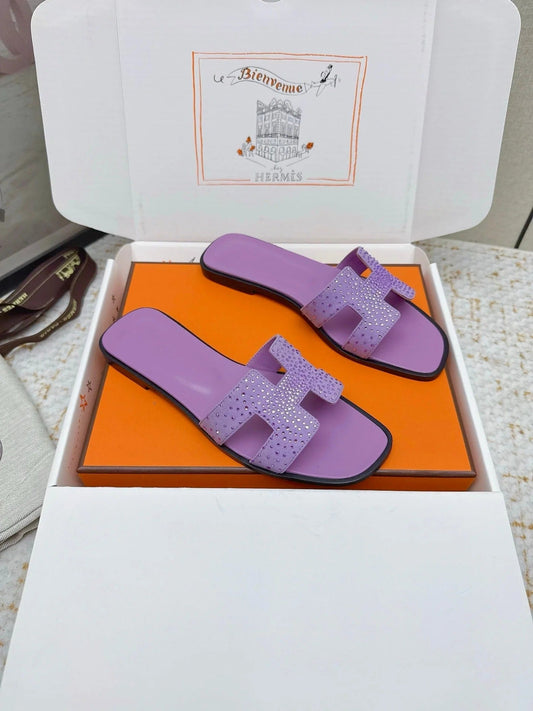 HM 26ss Oran Sandals Purple Crystal Suede Cowhide 625255