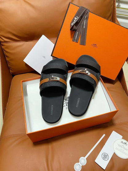 HM 2026 Velcro Sandals Black Cowhide Brown Belt 663785