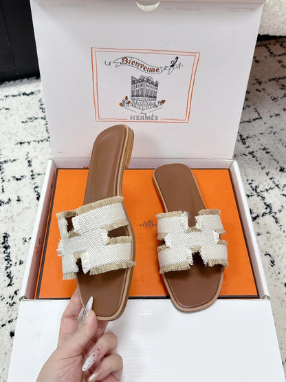 HM 26ss Oran Sandals Beige Brown Canvas Cowhide 617218