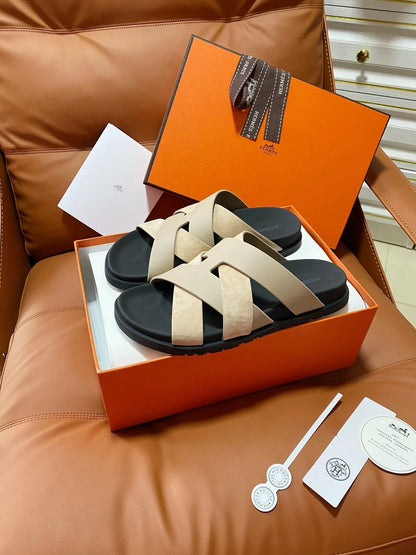 HM 2026 Cross Sandals Black Beige Suede Calfskin 667295