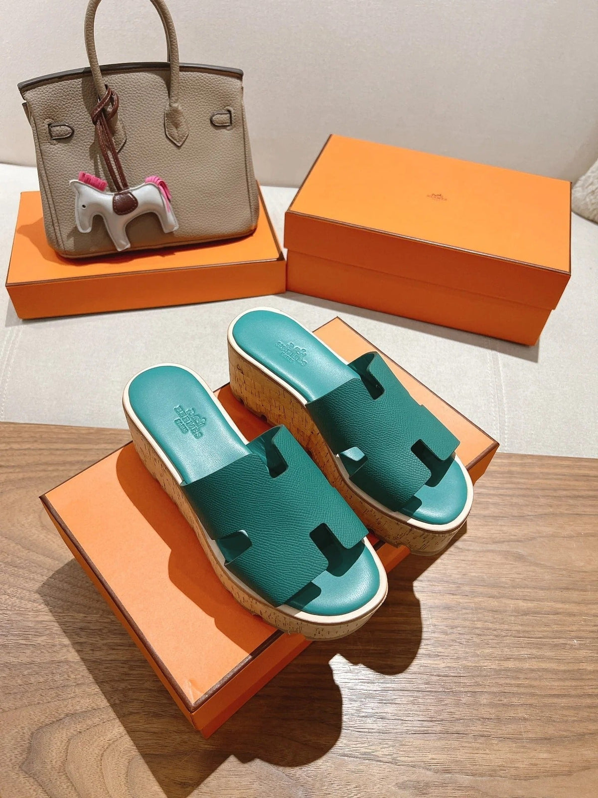 HM 25S HIGH WEDGE SANDALS IN PASTEL SEA GREEN LAMBSKIN STYLE 30