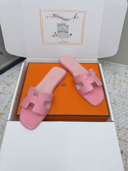 HM 2025 Oran Sandal Pink Ostrich Embossed Calfskin