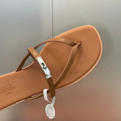 HM 26ss Kelly Sliver Buckle Slipper Brown Calfskin 607155