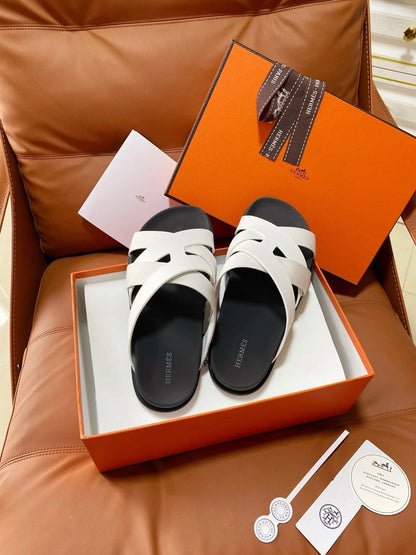 HM 2026 Cross Sandals White Canvas Calfskin 667285