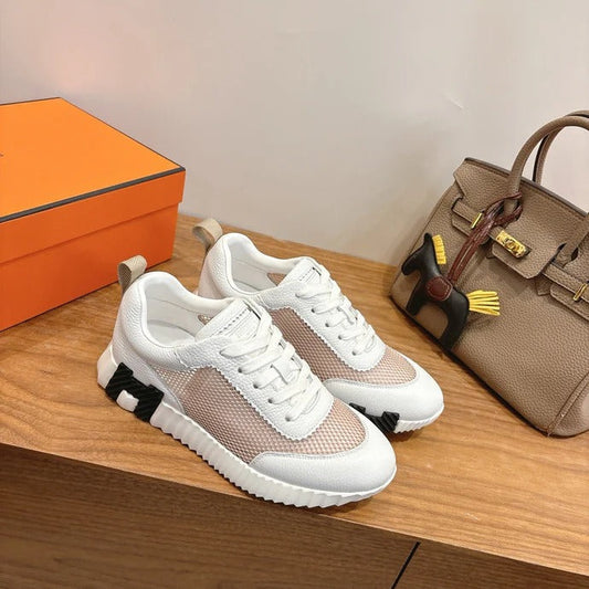HM 26ss Sneakers White Beige Cowhide Fabric 638565
