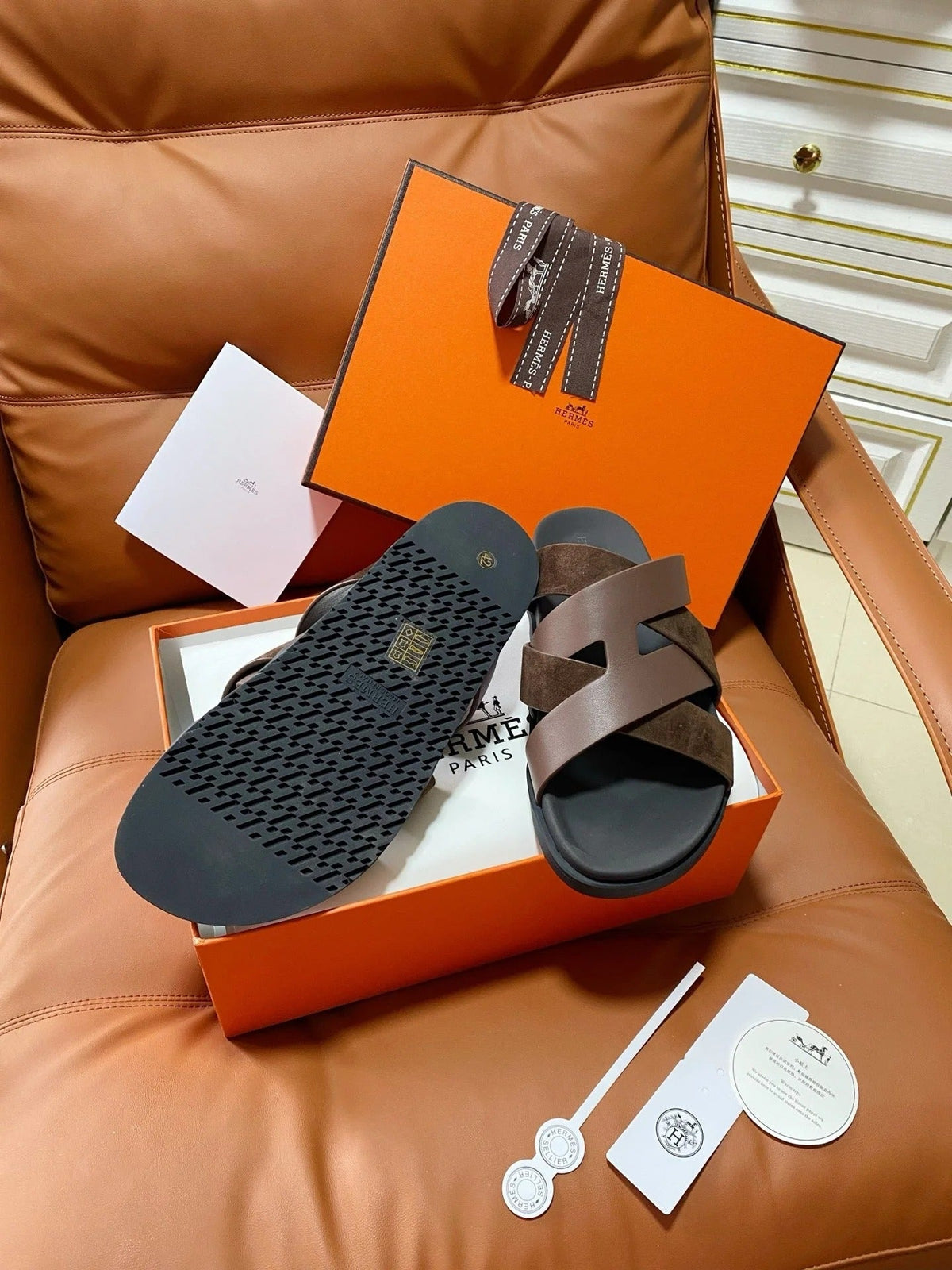 HM 2026 Cross Sandals Black Brown Suede Calfskin 667293