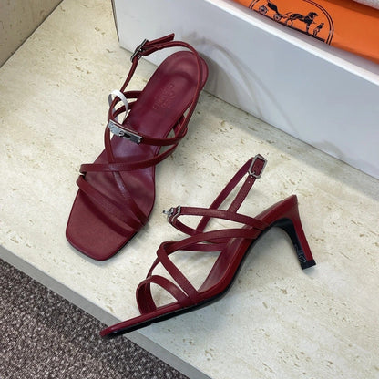 HM 26ss Kelly Sliver Buckle Sandals 65 Dark Red Calfskin 607174