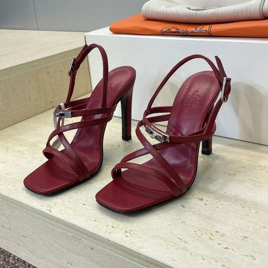 HM 26ss Kelly Sliver Buckle Sandals 95 Dark Red Calfskin 607175