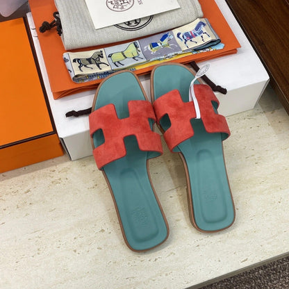 HM 26ss Oran Sandals Turquoise Red Suede Cowhide 607206