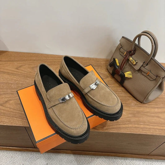HM 26ss Loafers Beige Suede Sliver Buckle 638431