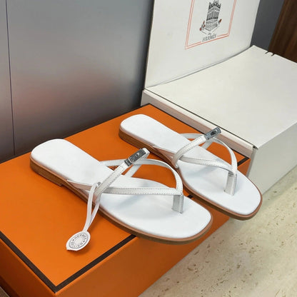 HM 26ss Kelly Sliver Buckle Slipper White Calfskin 607159