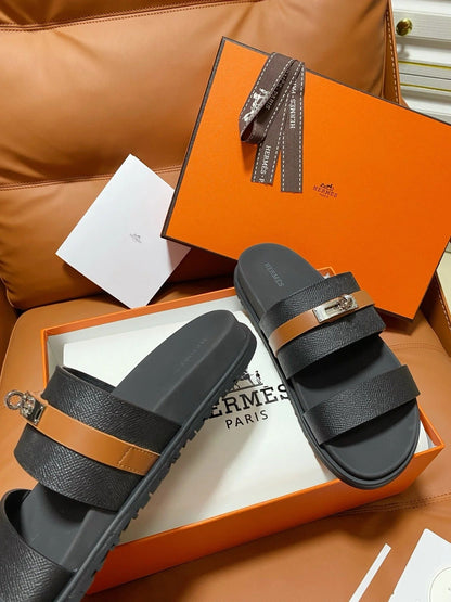 HM 2026 Velcro Sandals Black Cowhide Brown Belt 663785